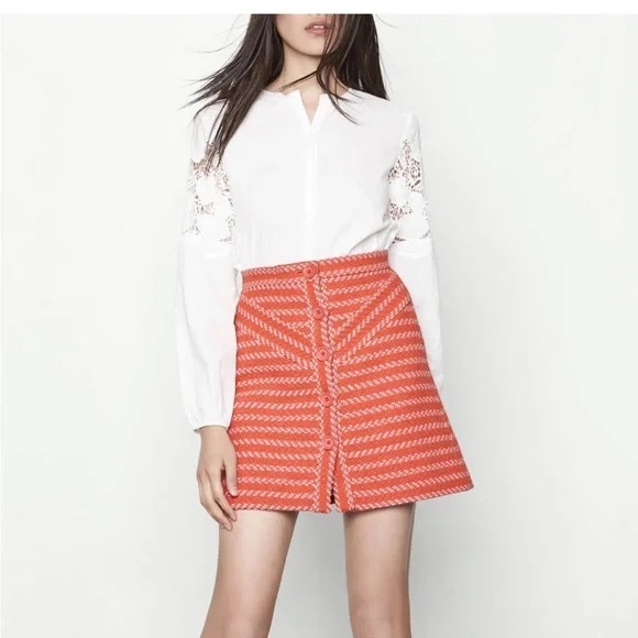 Maje SIZE 34 Jalil orange tweed wool blend high rise button mini skirt
